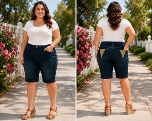 Wah Jeans Women’s 20W Dark Wash Denim Bermuda Shorts Gold Rhinestone Pockets XL